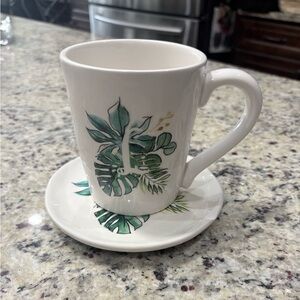 Pier 1 “L” mug and appetizer plate New Tropical foliage design Dish/Micro Safe